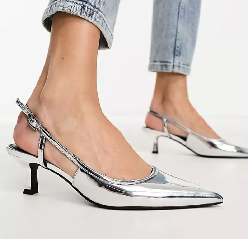 ASOS DESIGN Strut slingback mid heeled shoes in silver