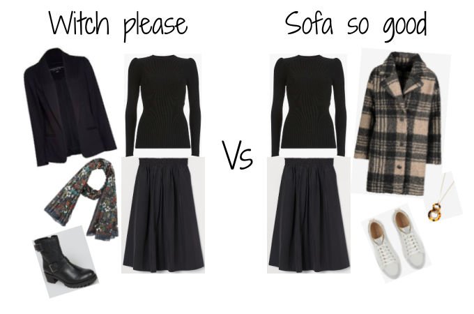 capsule wardrobe winter 2020 AW2020 black puff shoulder jumper sweater black midi skirt a line outfit ideas