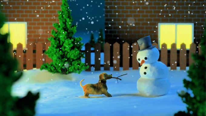 cartoon dog and snowman