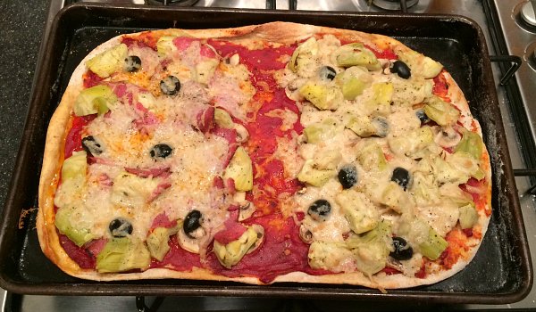 Empty the Storecupboard Challenge 2016 Home made pizza with artichoke and olive Penny Golightly