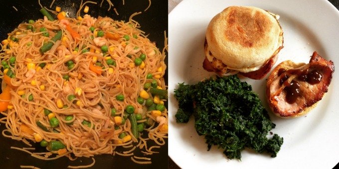 EmptyTheSC prawn noodles and spinach egg bacon muffins