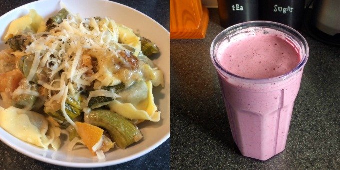 EmptyTheSC Week 1 veggie pasta and fruit smoothie