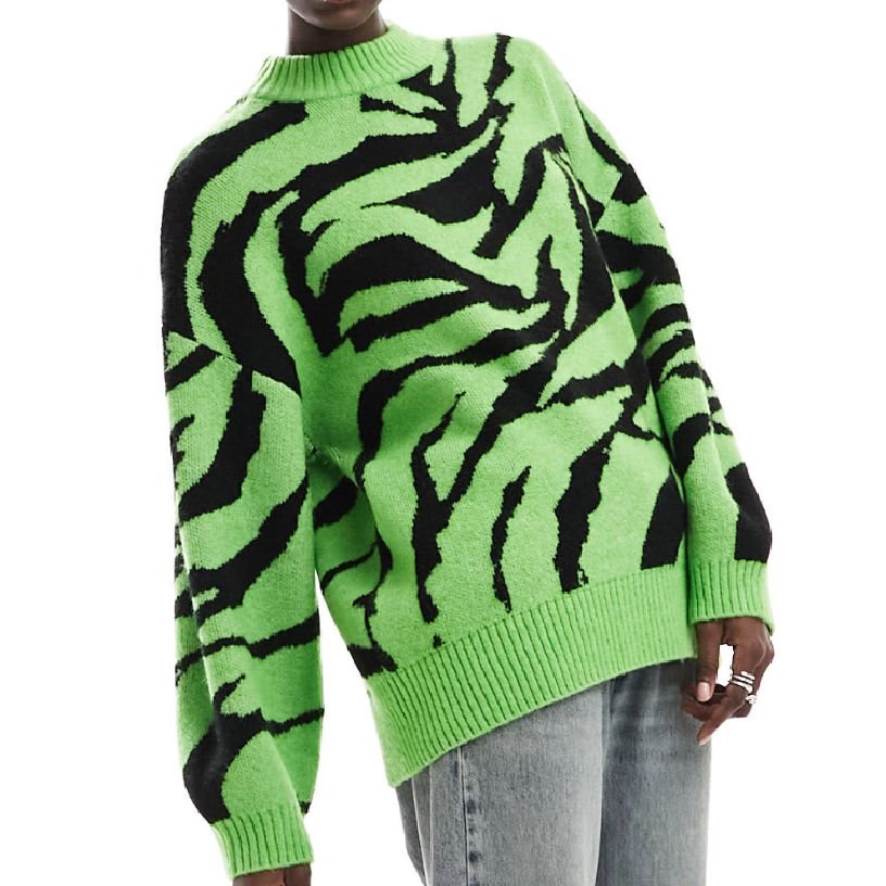 Monki Jacquard Knit Sweater in Bright Green Swirl Pattern at ASOS