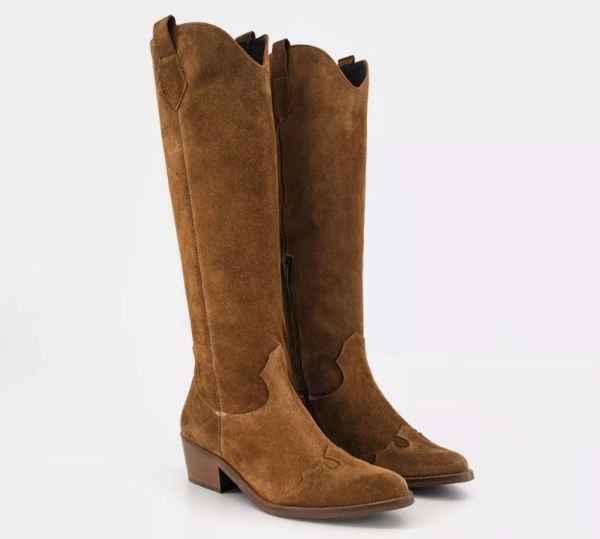 Office Kezia Heeled Western Knee Boots in Tan Suede designer looks at high street prices