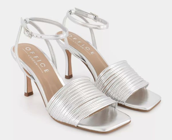 Office Mimosa Strappy Heeled Sandals in Silver affordable party heels for AW23