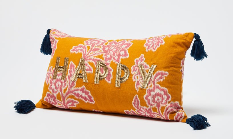Oliver Bonas Happy cushion cover velvet with embroidery and tassels 1970s home style