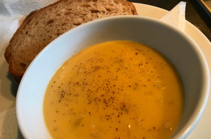 Spiced parsnip soup with leftover roast parsnips and bread sauce