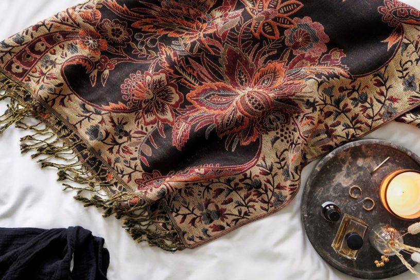 Xander Kostroma Vintage Floral Tassel Luxe Pashmina in Burgundy/Gold