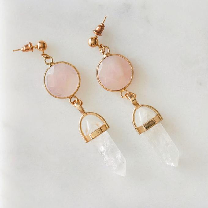 Xander Kostroma Gold Tone Rose Quartz & Clear Quartz Point Earrings
