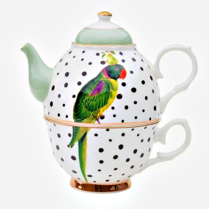 Yvonne Ellen Parrots Polka Dots tea for one teapot and cup