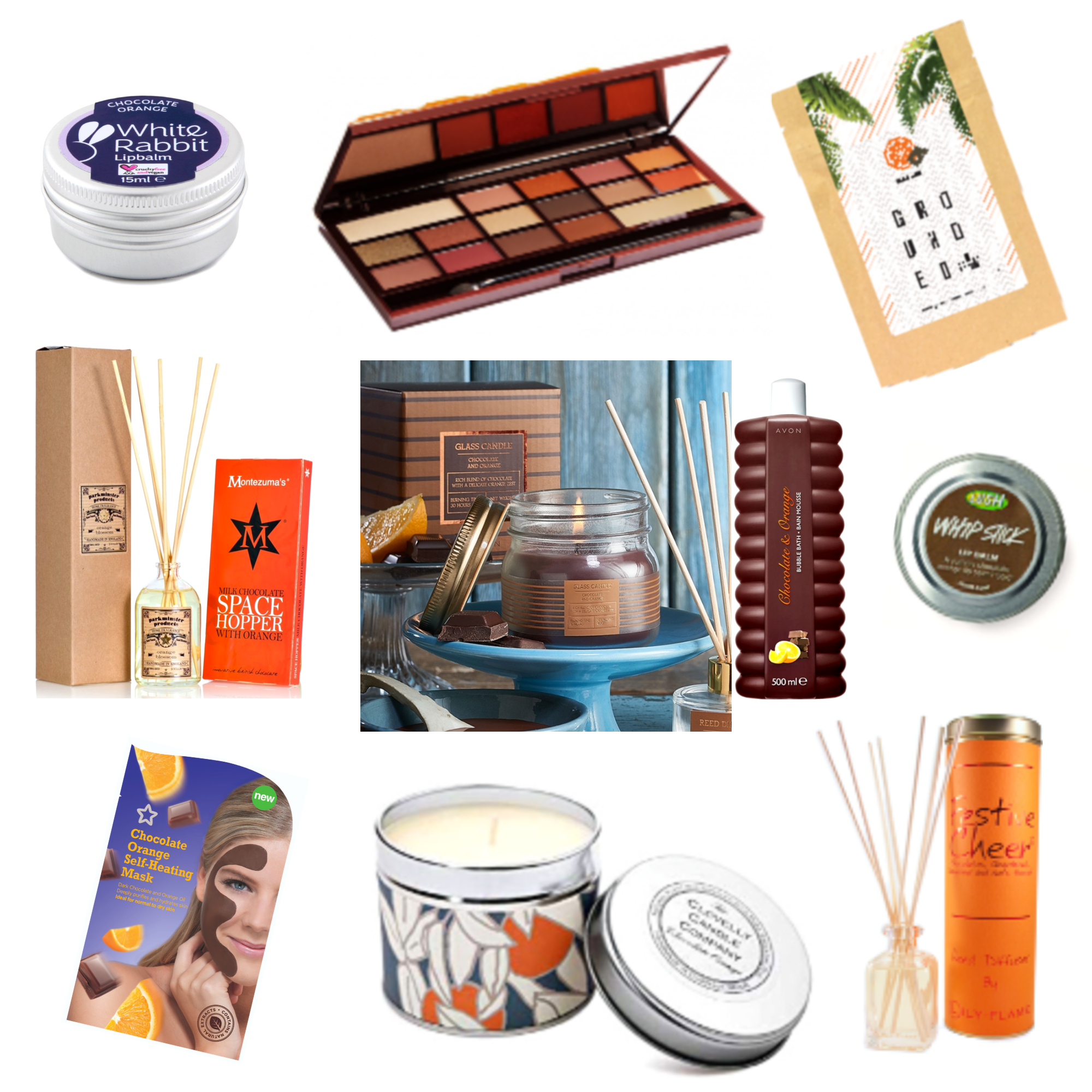 Gift guide chocolate orange candle lip balm bubble bath mask soap