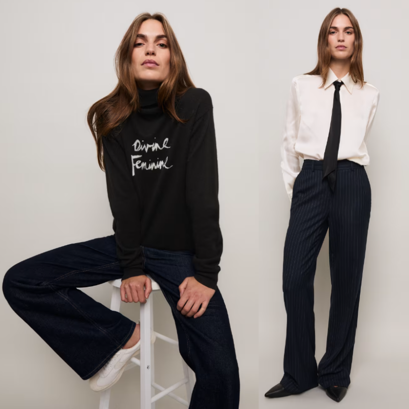 M&S x Bella Freud cashmere jumper jeans pinstripe trousers
