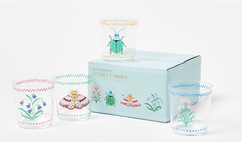 Oliver Bonas Secret Garden set of 4 glasses tumblers